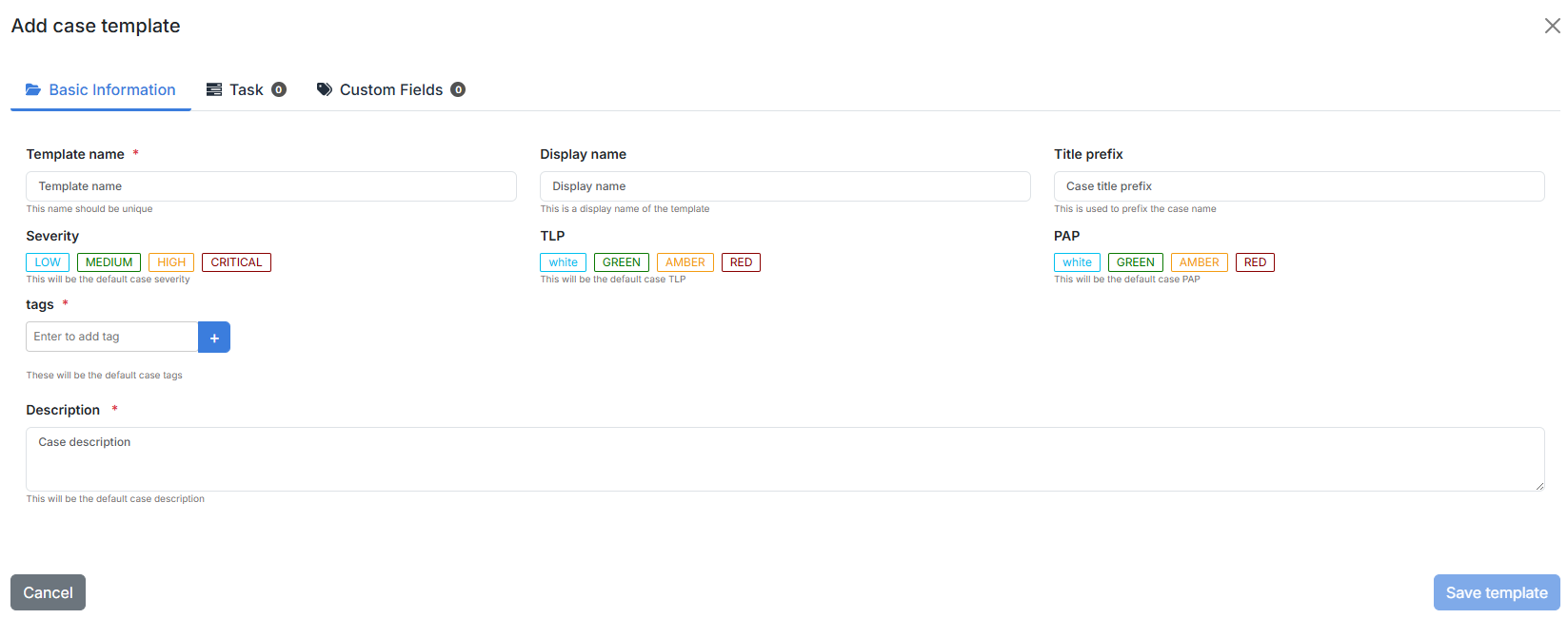 Case template creation pop-up